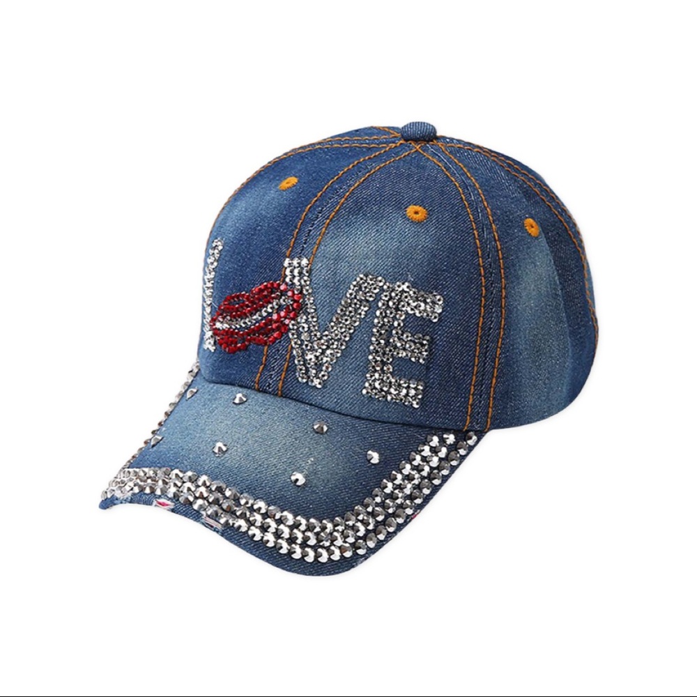 Love Clear/Red Lip Rhinestone Jean Baseball Cap!